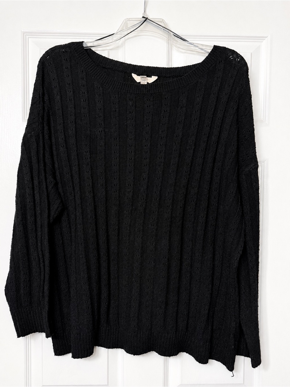 Terra & Sky Black Ribbed Pointelle Knit Crewneck Sweater